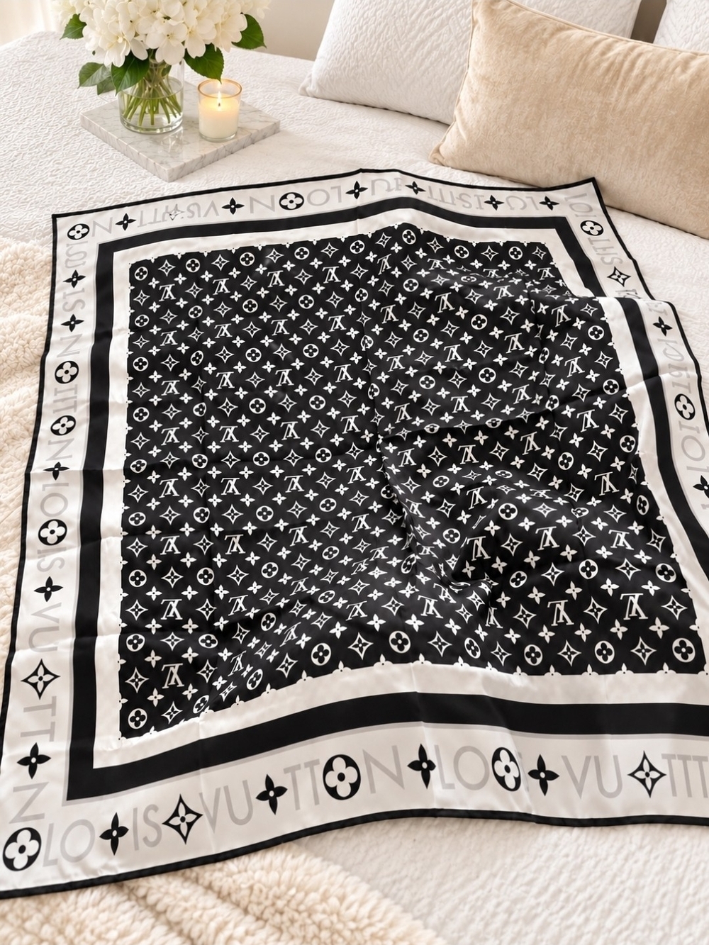 Luxury Monogram Black and White Silky Scarf - Designer Inspired
